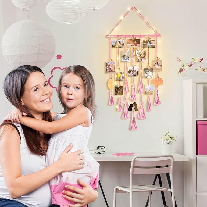 Hanging Photo Display Wall Decor, Pink Macrame Wall Hanging Boho Room Bedroom Decor, Picture Frame Collage with Remote Light & 30 Clips, Christmas Teenage Teen Girl Gifts Ages 10 11 12 13 14 Years Old