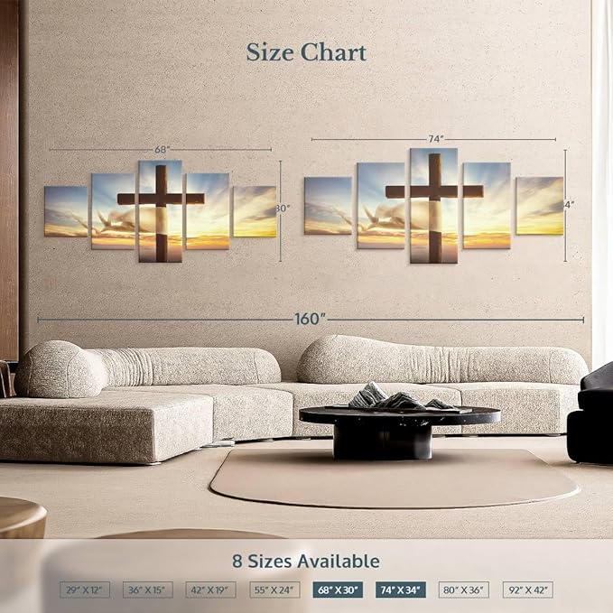 Elephant Stock Holy Cross Wall Art Multi Piece Canvas - 5 Panel Christian Pictures Decor - Digital Design Canvas Print - Christian Wall Decor - 74" X 34"