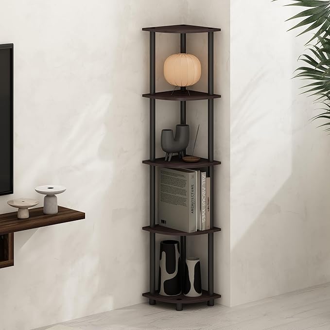 Furinno Turn-N-Tube Storage Shelves, 5-Tier Book Shelf, Corner Shelf, Toolless Open Shelves, for Organization and Storage, Living Room, Home Office, Hallway, Bedroom, Dark Walnut