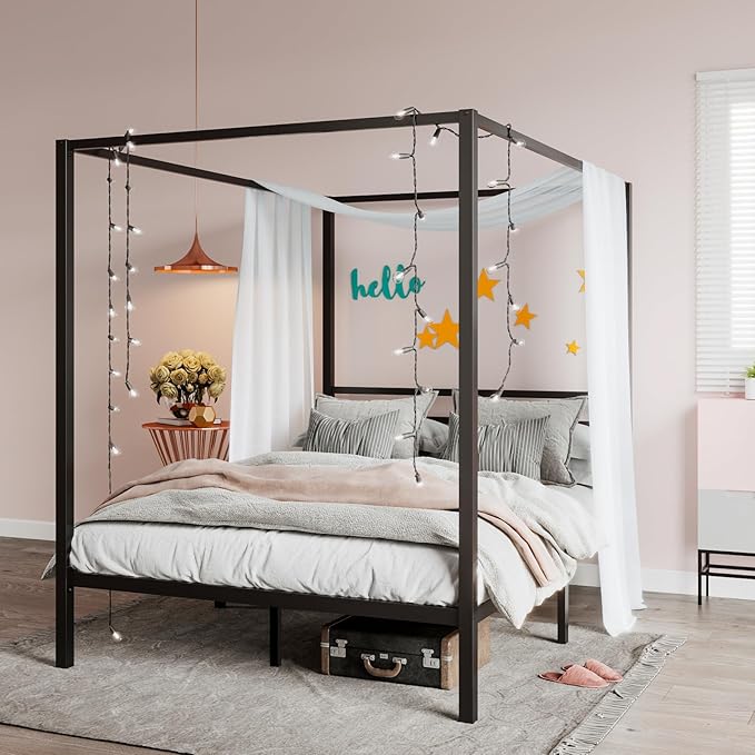SHA CERLIN Canopy Bed Frame Queen Size/Mattress Foundation with Metal Slats Support/No Box Spring Needed/Easy Assembly/Black