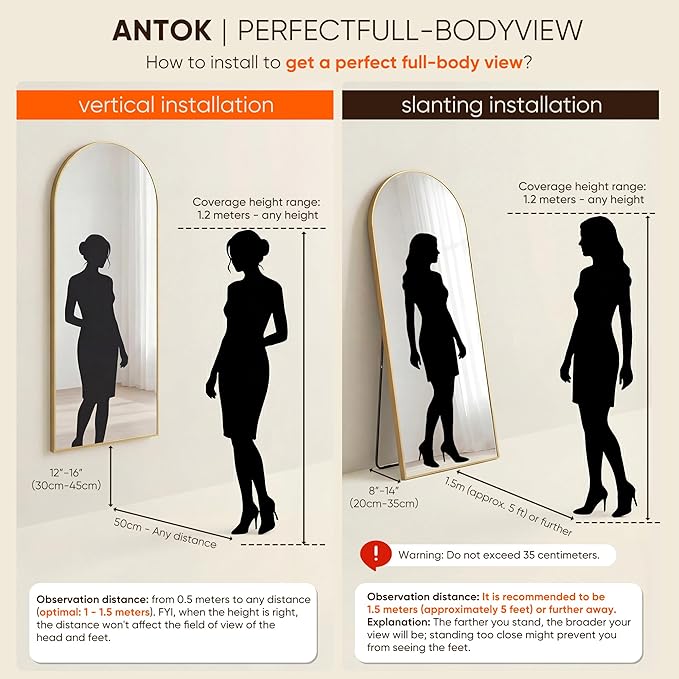 Antok Full Length Mirror, 82"x44" Floor Mirror, Arched Floor Standing Freestanding Arch Full Body Mirrors with Stand for Bedroom, Hanging Mounted for Living Room Cloakroom,Gold