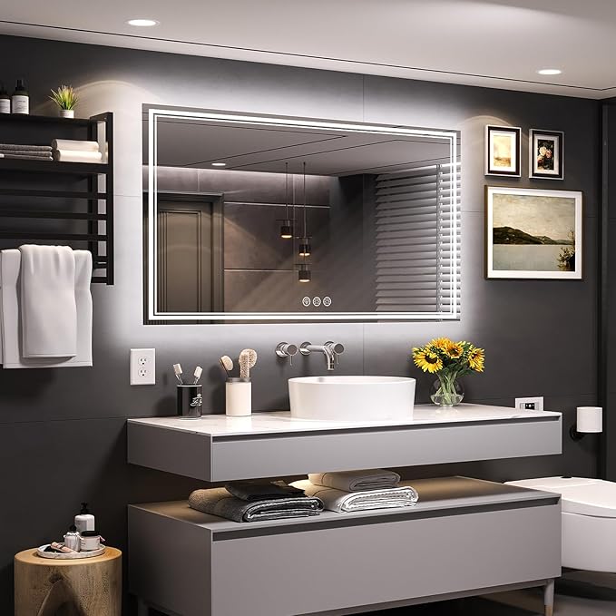 55x30 Inch LED Bathroom Mirror with Frontlit & Backlit（Independent Control）, Lighted Mirror for Bathroom Wall with 3-Color Dimmable & Anti-Fog, Vanity Mirror with Lights