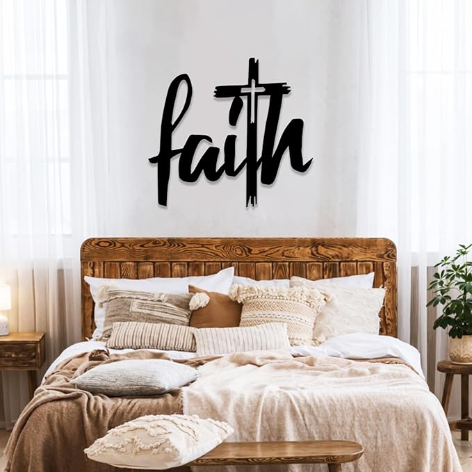 Faith Cross Metal Wall Sign, Faith Metal Wall Decor, Christian Cross Wall Decor, Religious Art Wall Decor, Spiritual Wall Art, Metal Wall Art, Wall Decor for Living room, Church (43"x39" | 110x100cm, White)