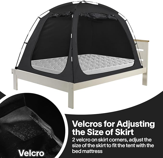 EighteenTek Bed Canopy with Lights, Sleeping Dream Twin Bed Tent, Portable Cottage Drafty Room Blackout Breathable Privacy Big Indoor Tents for Girls & Boys Bedroom Decor, Black