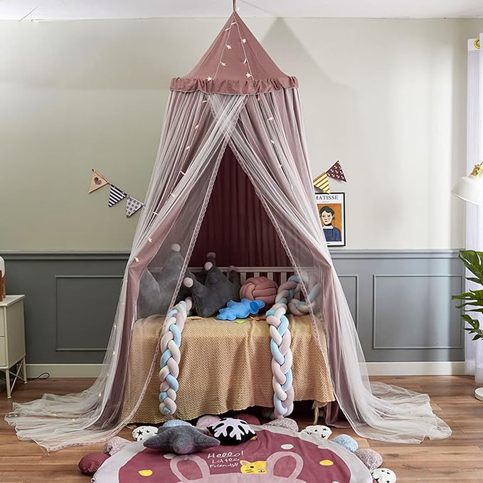 VETHIN Bed Canopy for with Lights,Double Layer Princess Round Dome Dreamy Mosquito Net Bedding Girls Room Castle Play Tent Hanging House Decor Reading Nook Canopies(Jujube Red/White)