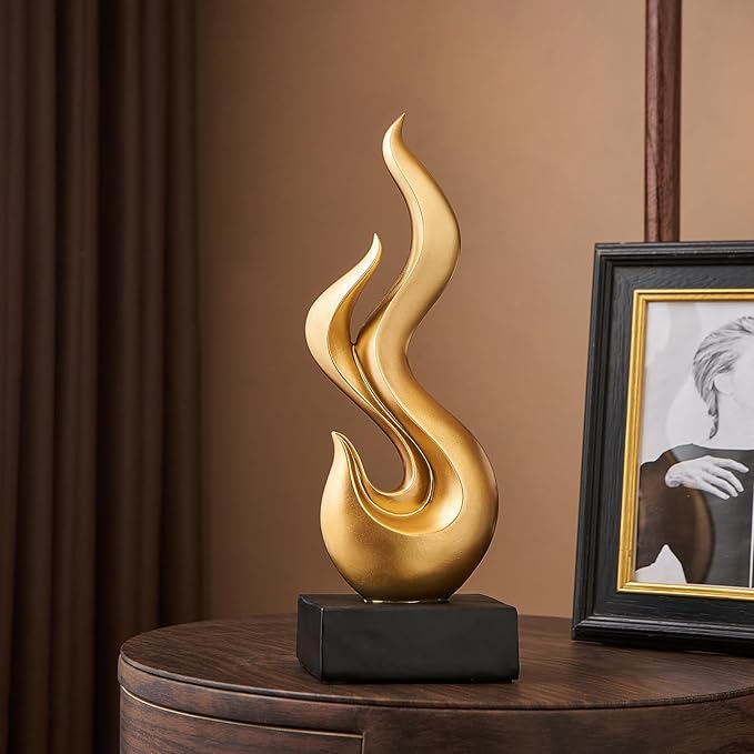 Modern Abstract Art Table Decoration, Gold Decor Flame Statue for Living Room Home, Black Shelf Decor Accents, Abstract Art Resin Sculpture for Dining Room, Office & Coffee Table Centerpiece (Gold)