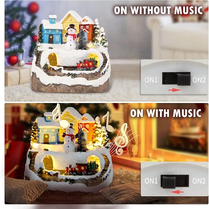 Christmas Decorations Village House Resin Collectible Building Figurines Revolving Train Musical Snow Globe 8 Music for Vintage Christmas Decor (Snow Man)