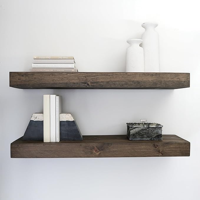 Urbandi Modern Floating Shelves 3 Inches Thick for Wall, Wide Shelves for Kitchen, Living Room, Bedroom, and Bathroom, Natural Pine Wood, Rustic Wooden Shelf, (Set of 2) (Jacobean, 36Lx3Hx6D)
