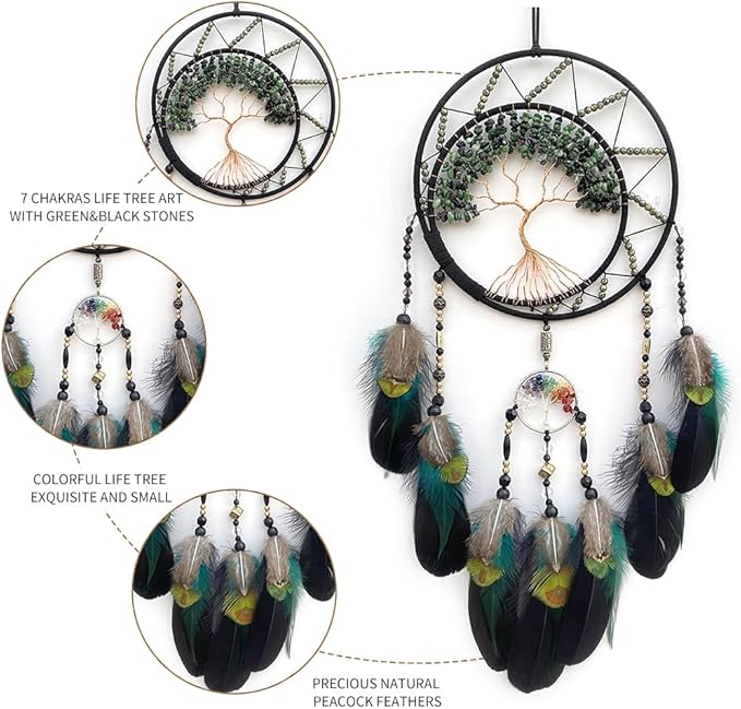 7 Chakras Dream Catchers Tree of Life Dream Catcher Green Feather Dreamcatcher Wall Decor with Rainbow Healing Crystal Stone Wall Art Hanging for Bedroom Home Decor Bless Gift Wedding Party