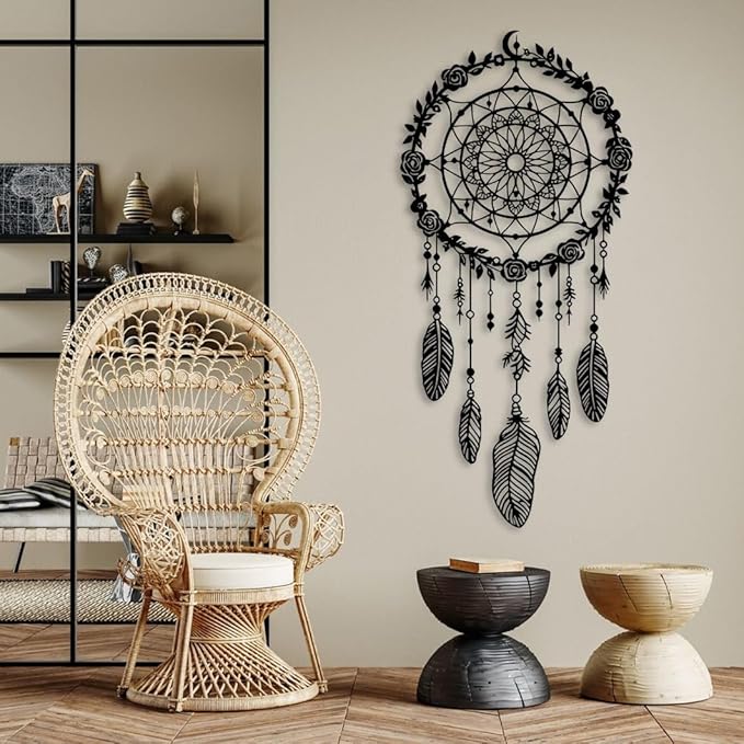 Maclou Metal Dream Catcher Wall Decor, Metal Feather Wall Art, Boho Dream Catcher Wall Decor for Living Room, Bedroom, Girls Room (Black,53x25 inch / 135x63 cm)