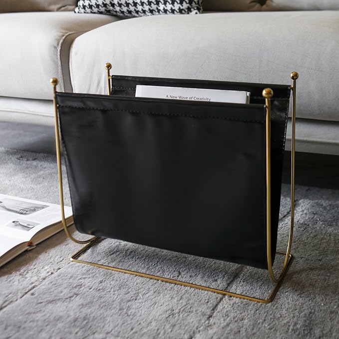 Black Leatherette Magazine Rack Holder, with Metal Ball Bracket,Modern Fashion Style for Books,Newspapers,Home Staging,Bedroom,Hotel,Offices and Living Rooms