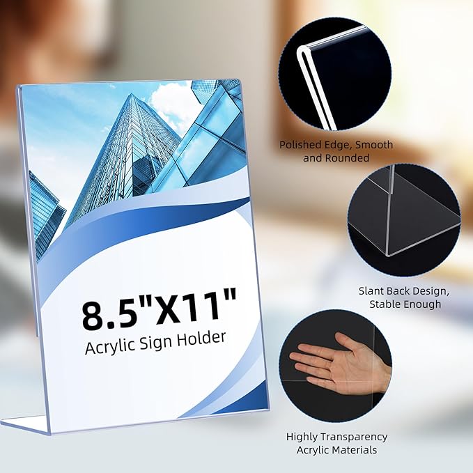 6 Pack Acrylic Sign Holder 8.5 x 11, Clear Plastic Display Stands for Tabletop, L-Shape Acrylic Stands for Flyers, Documents, Office, Restaurants, Vertical Sign Holder 8.5x11 for Desktop