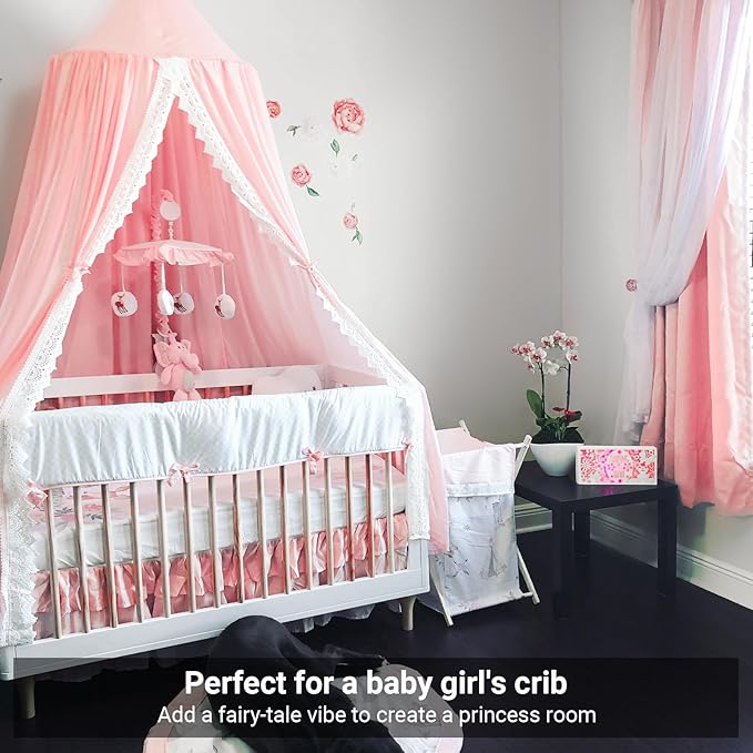 Princess Bed Canopy Mosquito Net for Kids Baby Crib, Round Dome Kids Indoor Outdoor Castle Play Tent Hanging House Decoration Reading Nook Cotton Canvas,Pink