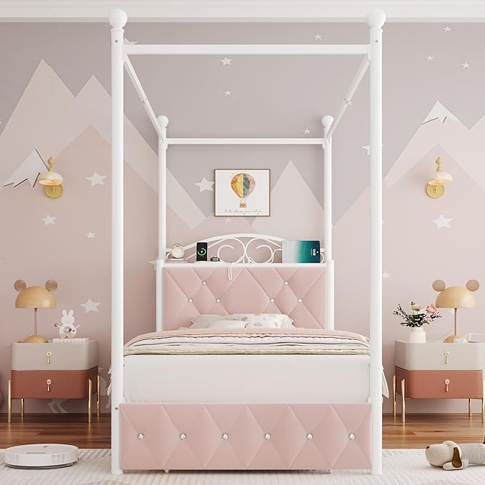 Twin Upholstered Canopy Bed Frame with Drawer & Crystal Tufted Storage Headboard Two-Purpose Metal Platform Bed with 4 Removable Posts & Charging Station Pink Princess Bed, Curtain Not Included