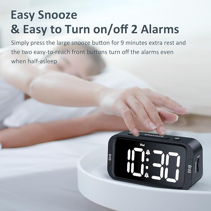 Digital Dual Alarm Clock for Bedroom, Easy to Set, 0-100% Dimmer, USB Charger, 5 Sounds Adjustable Volume, Weekday/Weekend Mode, Snooze, 12/24Hr, Battery Backup, Compact Clock for Bedside