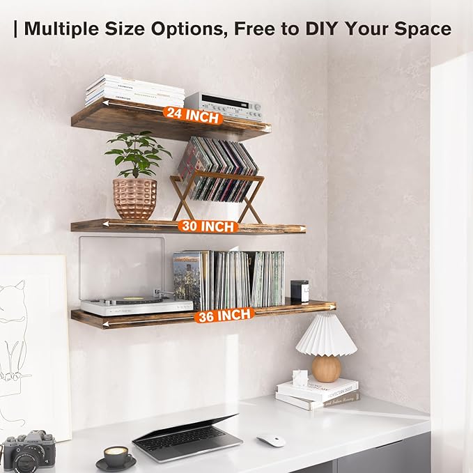 Floating Shelf, Set of 2 Wall Shelf, 24 in W x 12.75 in D x 2 in H Wooden Floating Wall Shelf with Invisible Brackets for Living Room/Bedroom/Bathroom/Kitchen Storage and Decor, Rustic Brown