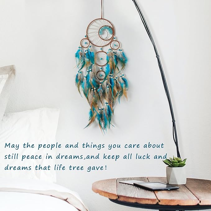 Pretty Jolly Brown Blue Feather Large Dream Catchers Wall Decor with Chakras Tree of Life Crystal Stone Ornament Handmade Dreamcatchers for Adult Boys Girls Bedroom Party Birthday Bless Gift-5Rings