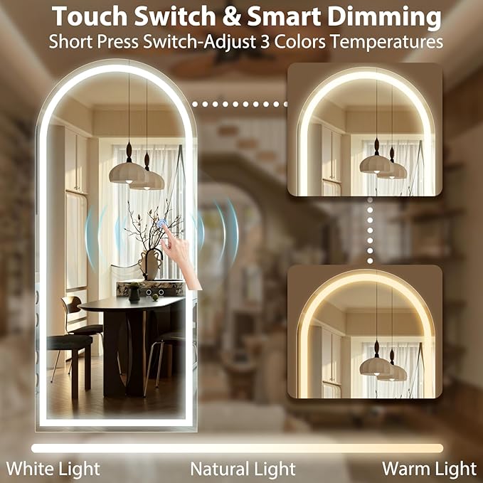 GLSLAND Arched LED Full Length Mirror - 65"x26" Full Body Standing Mirrors with Light for Bedroom/Cloakroom -Dimmable & 3 Color Lighting/Wall Mounted