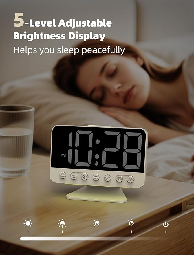 Digital Alarm Clocks for Bedrooms: Large Bold Number 5 Brightness Dimmer - Easy to Read Across The Room - 5 Alarm Sound 8 Night Light - Putty