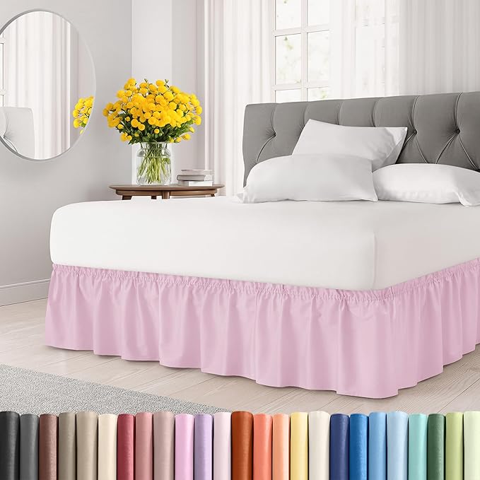 Wrap Around Dust Ruffle Bed Skirt - Light Pink - for Full Size Beds with 21 Inch Drop - Elastic Strap - Adjustable Pleated Bedskirt with Brushed Fabric and Wrinkle Free - for Women, Men, Kids & Teens
