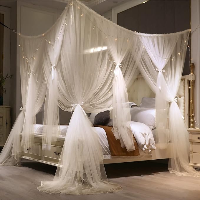 VETHIN 4 Corners Post Princess Bed Canopy Curtain Double Layer Cozy Drape Netting 4 Opening Mosquito Net for Girls & Adults Bedroom Decoration Accessories (Double White, 53" W*78" L*82"*H/(Full))