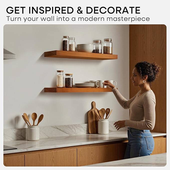 Homeforia Oak Floating Shelves 36 inches Long, High End Solid Real Wood 36 inch Floating Shelf for Room Wall, Honey Oak Wooden 36inch Kitchen Shelves, Heavy Duty Bracket, 36 X 6.5 X 1.75 in, Set of 3