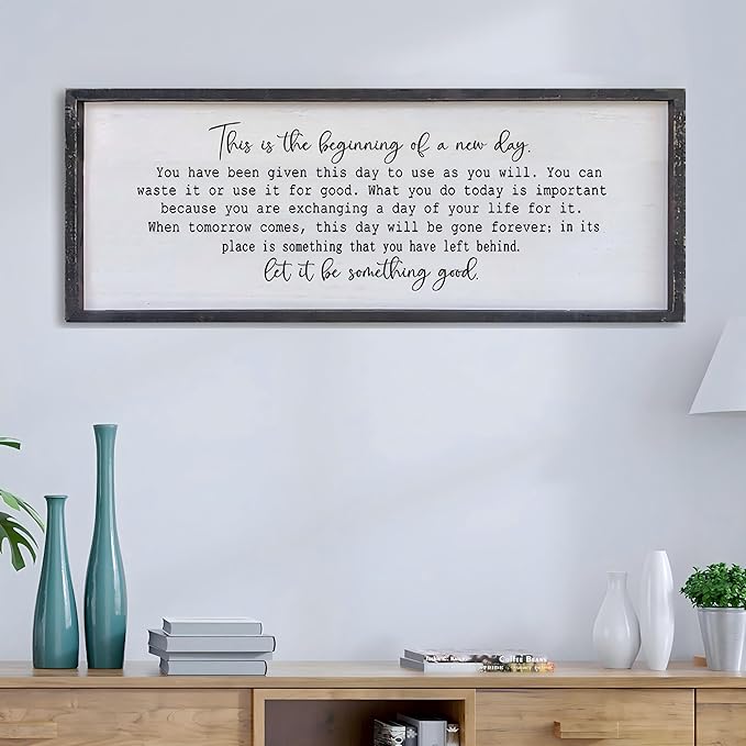 Surfapans This Is The Beginning Of A New Day Wall Decor 32"x12" Modren Large Farmhouse Living Room Inspirational Wood Framed Art Sign Office Home Inspiring Positive Quote Family Decoration (Black)