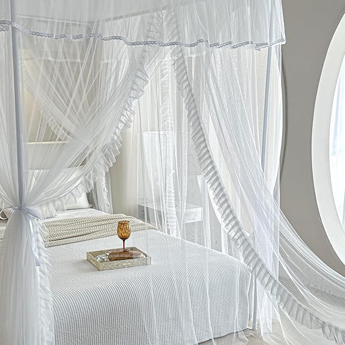 AIKASY 4 Corners Post Ruffle Princess Bed Canopy Curtain - Double Layer Cozy Drape Netting with 4 Openings - Elegant Mosquito Net for Girls and Adults Bedroom Decoration (White, Twin)