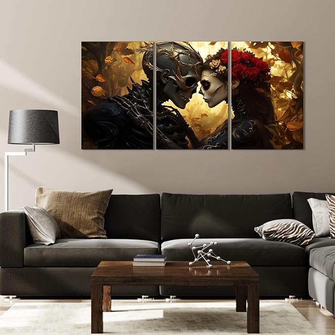 RUNBOAT Skull Pictures Wall Decor - Skull Canvas Wall Art, Skeleton Couple Poster Print, Gothic Painting Artwork, Skeleton and Roses Pictures for Living Room Bedroom (16" x 24" x 3 pcs)