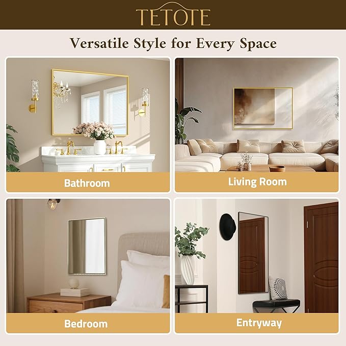 TETOTE Brushed Gold Mirror Beveled Frame 60" x 30" Large Brass Gold Rectangle Bathroom Vanity Wall Mirror for Over Sink, Modern Farmhouse, Tempered Glass, Shatterproof, Stronger Frame