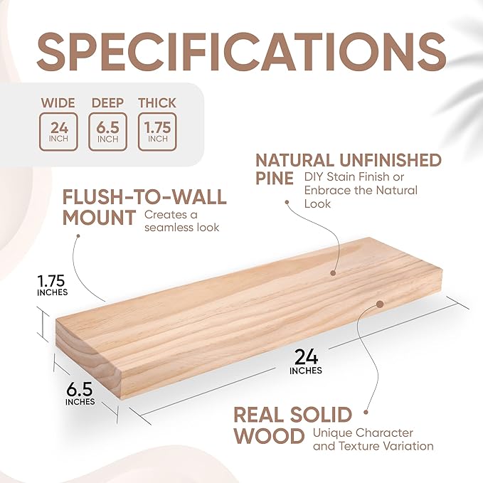 Homeforia 24 inch Wood Floating Shelves, High End Solid Natural Wood 24inch Floating Shelf for Wall, Unfinished Wooden 24 inches Floating Shelves, Heavy Duty Bracket, 24 X 6.5 X 1.75 in, Set of 4