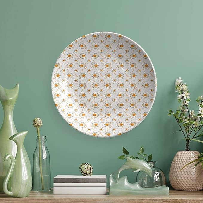 Ceramic Display Plate, AST Food Ceramic Hanging Decorative Plate, Pattern with Fried Eggs Healthy Protein, 7 Inch, Living Room Kitchen Decoration Household, Marigold Peach Cream