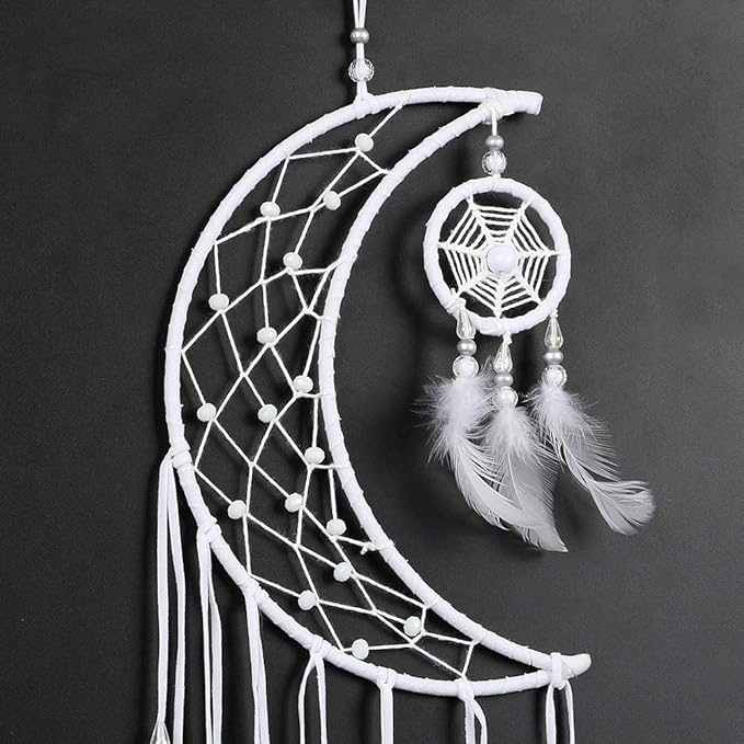 Dremisland Dream catcher New Moon Design Handmade White Feather Wall Hanging Home Decoration Ornament Craft Gift (White Moon)