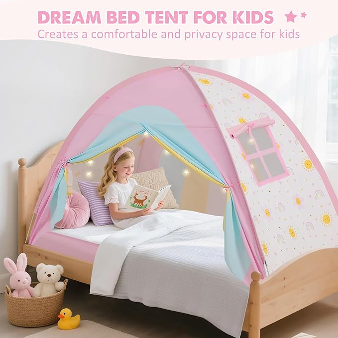 Twin Bed Tent for Kids, Twin Size Bed Canopy with Star Lights, Privacy Space Blackout Sleeping Tents, Indoor Breathable Portable Bunk Bed Tent for Girls, Rainbow