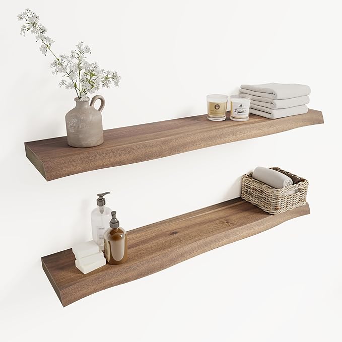 36" Acacia Live Edge Floating Shelves Set of 2 - Wall Mounted Wooden Shelf for Stylish Home Décor - Dark Walnut Color 36x7.5x1.5 Inches