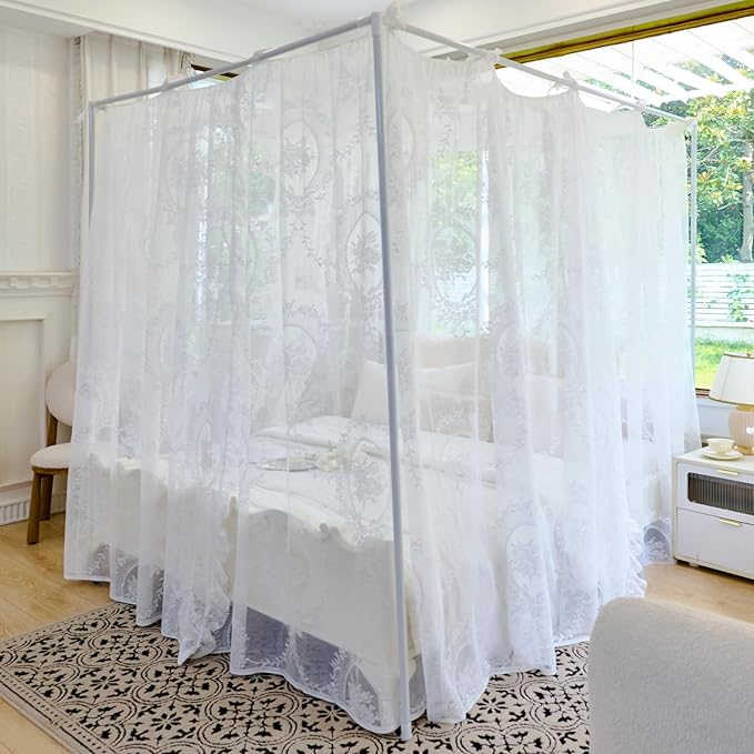 AIKASY Elegant Lace Princess 4-Poster Bed Canopy Mosquito Net - Romantic Wedding Bridal Bedroom Decor, Kids Room Bed Curtain for Women Adults - (White-2,King)