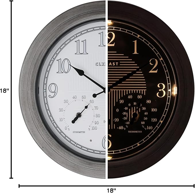 CLXEAST 18 Inch Farmhouse Illuminated Outdoor Atomic Wall Clock with Thermometer & Hygrometer Combo, Night Lighted Wall Clock with Smart Sensor, Weather Stations,Brushed Grey Oak Finish