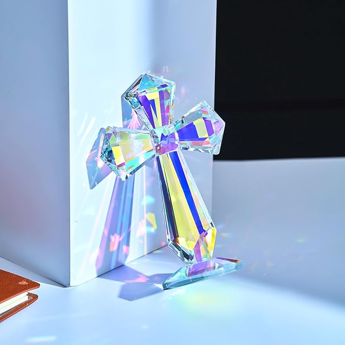 Crystal Glass Standing Cross Decor, Easter Christmas Decoration for Pary dad man，Religious Gifts for Women Men Father Mother, Handmade Glass Holy Collectible Figurines (Multicolor Crystal Cross)
