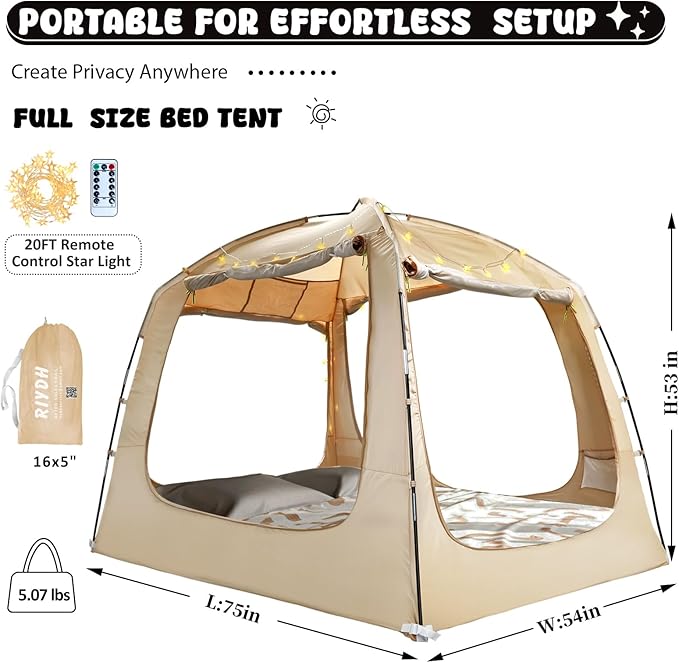 Bed Tent Bed Canopy Breathable 100% for Adult and Kids Light Reduction Sleeping Dream Tents Indoor Portable Big Space with String Light 4 Doors Twin Full Queen King Size