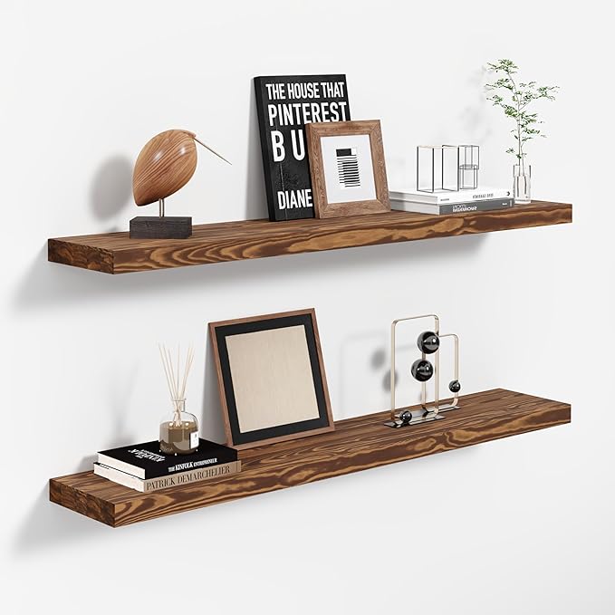 36'' Pine Wood Floating Shelves for Wall- Set of 2 - Rustic Wall Mounted Wooden Shelf for Stylish Home Décor (Light Walnut, 36x6.5x1.25)