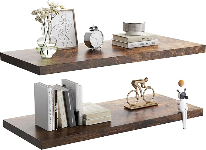 Wall Shelf Set of 2, Rustic Brown Floating Shelves 30 in W x 10 in D x 1 in H, Wooden Floating Wall Shelf with Invisible Brackets for Living Room/Bedroom/Bathroom/Kitchen Storage and Decor