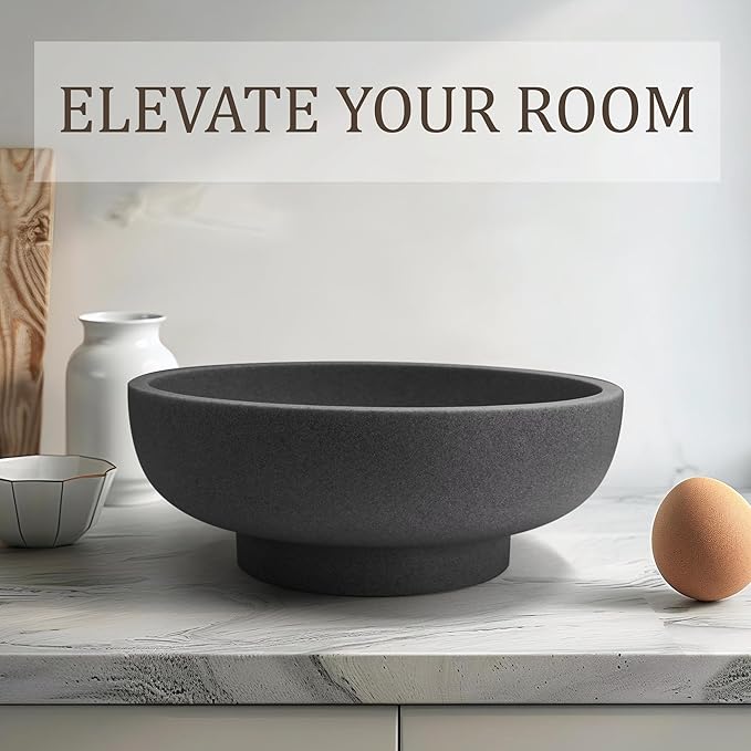 Large Decorative Bowl, Fruit Bowl for Kitchen Counter, Modern Resin Bowl for Home Decor, Key Holder for Entry Table, Artificial Stone Black
