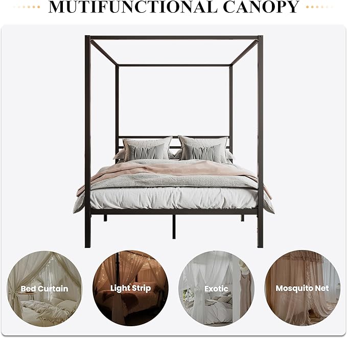 SHA CERLIN Canopy Bed Frame Full Size/Mattress Foundation with Metal Slats Support/No Box Spring Needed/Easy Assembly/Black