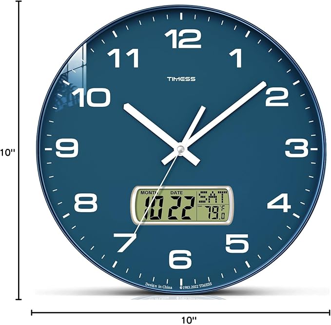 Wall Clock, 10" Dial Non-Ticking Silent Battery Operated Analog with LCD Display for Perpetual Calendar and F° Temperature, Ideal Modern Home, Bedroom, Kitchen, Office Decor (Blue)