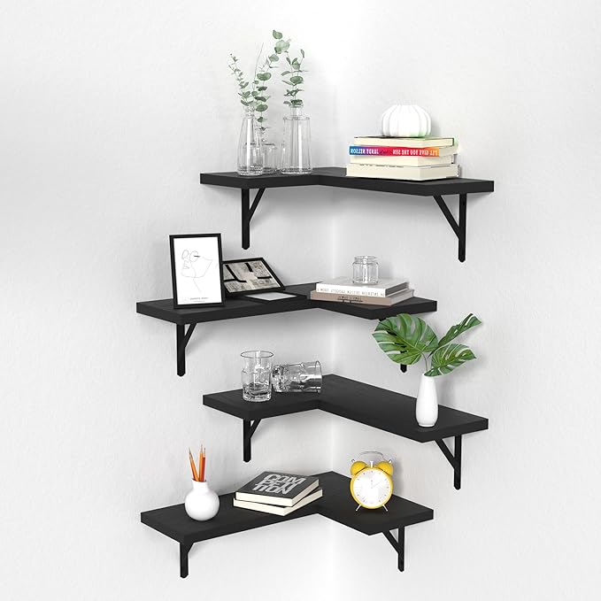 NATURE'S SOURCE Corner Floating Shelves Set of 4, Corner Shelves Wall Mounted, for Bedroom Kitchen Living Room Bathroom Office- Gothic Style (Black, Set of 4)