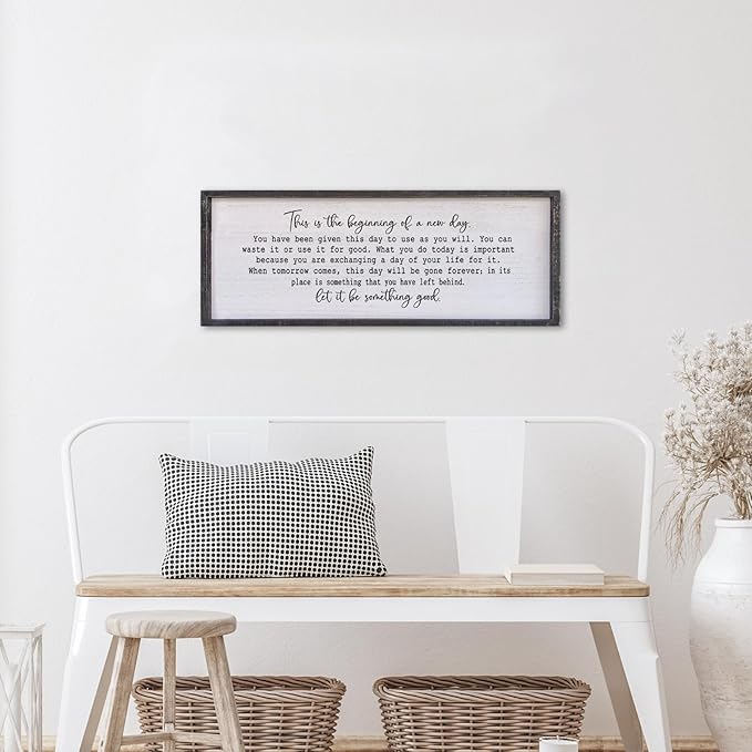 Surfapans This Is The Beginning Of A New Day Wall Decor 32"x12" Modren Large Farmhouse Living Room Inspirational Wood Framed Art Sign Office Home Inspiring Positive Quote Family Decoration (Black)