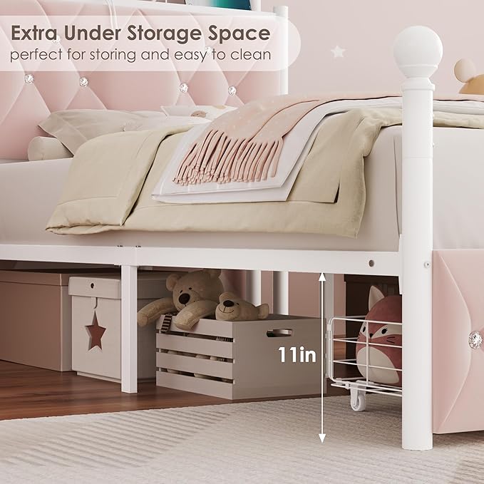 Twin Upholstered Canopy Bed Frame with Drawer & Crystal Tufted Storage Headboard Two-Purpose Metal Platform Bed with 4 Removable Posts & Charging Station Pink Princess Bed, Curtain Not Included