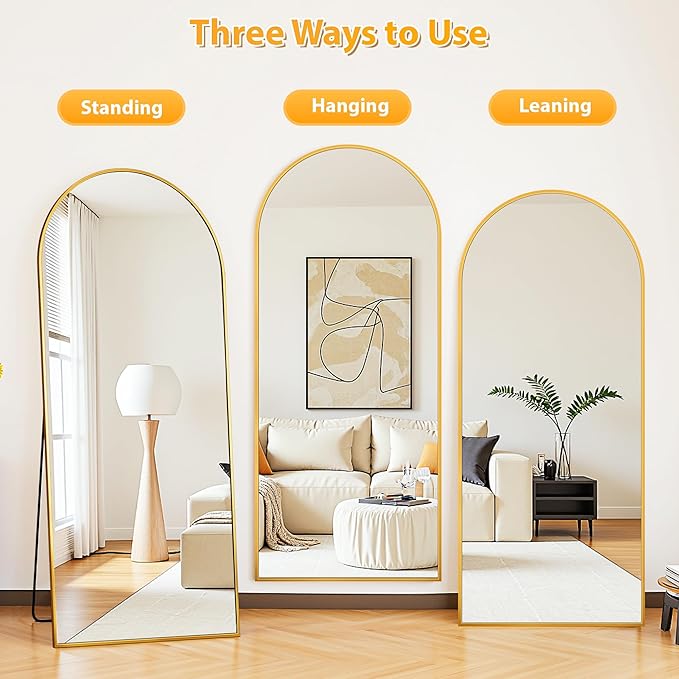 Full Length Mirror, 76"x34" Oversized Floor Mirror Freestanding, Full Body Mirror Floor Standing Mirrors with Stand, Hanging Mounted Mirrors for Bedroom Living Room, Gold, Arched Style