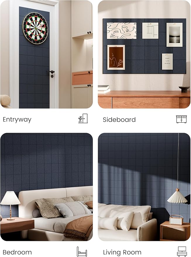 Bumusty Large Felt Bulletin Board, 36" x 24" Cork Board Alternative, 6-Pack Wall Tiles with 4-Compartment Design, 30 Push Pins, 40 Adhesive Tabs, Ideal for Office & Home Decor, Deep Charcoal Blue