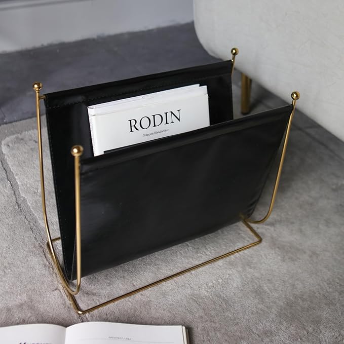 Black Leatherette Magazine Rack Holder, with Metal Ball Bracket,Modern Fashion Style for Books,Newspapers,Home Staging,Bedroom,Hotel,Offices and Living Rooms